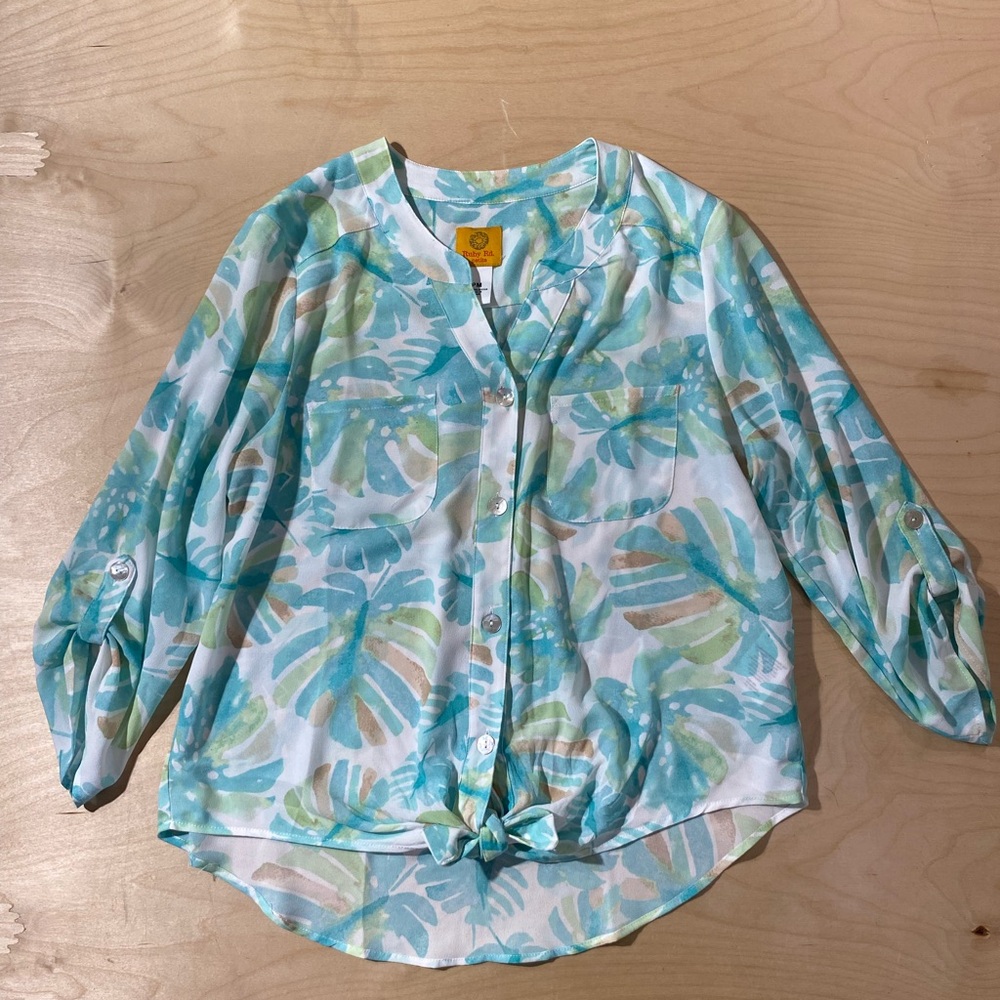 Ruby Rd. Aqua Teal Leaf Button-Front Tie Hem Blouse PM (QO)